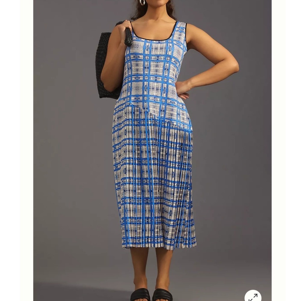 Dhruv Kapoor Blue Geometric Pleated Drop Waist Midi Dress Womens XLP Art Deco